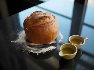 Still life with a loaf of bread, flour, oil and garlic on a black surface