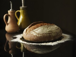 Still life with a loaf of bread, flour, oil and garlic on a black surface
