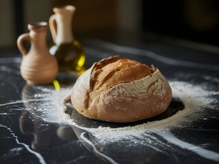 Still life with a loaf of bread, flour, oil and garlic on a black surface