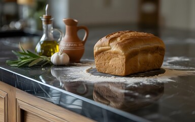 Still life with a loaf of bread, flour, oil and garlic on a black surface