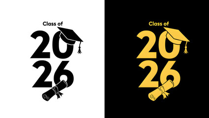 Class of 2026 Graduation Design Black and Gold Numbers Diploma Cap P N G Isolated on White Download Social Media Advertisement Banner Poster Calendar Text Effect Best New Year 2026