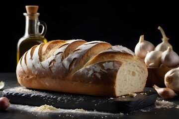 Still life with a loaf of bread, flour, oil and garlic on a black surface