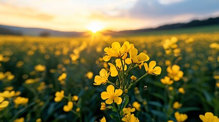 a canola field in vibrant yellow bloom stretching under a springtime sky, horizon line slightly tilted for dynamic composition, soft focus background hills, ultra-realistic textures on flower