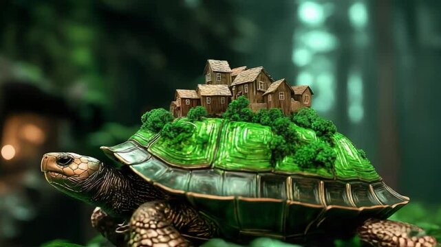 A whimsical turtle carrying a miniature village on its shell, surrounded by a lush, green forest backdrop