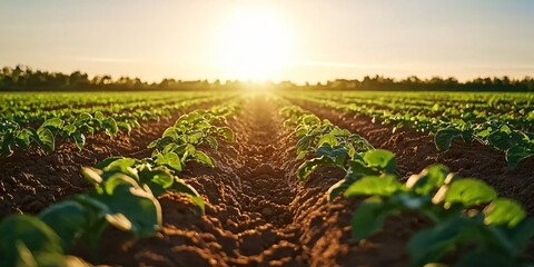 an open potato field with mounded rows under diffuse light, muted brown and green tones, rural tree line just below horizon, stones and dirt clumps visible, high-definition realism, no signs