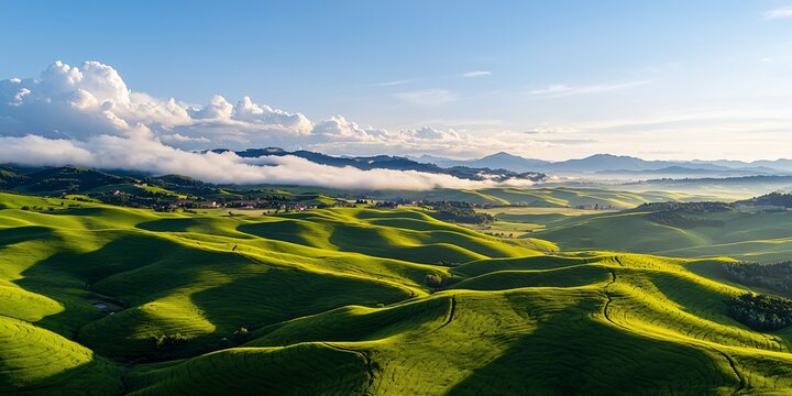 an expansive landscape of canola fields in full bloom, vibrant yellow stretching across rolling hills, white clouds casting soft shadows over the crops, distant farmhouses visible, clean horizon