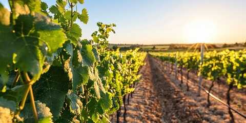 young vineyard with new growth appearing on thin stakes, soil still freshly turned, morning sun illuminating the tips of leaves, linear perspective leads viewerâ€™s eye to a clean sky-to-horizon