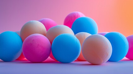 3D rendering of a group of pastel colored balls with a gradient background.