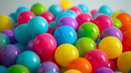 Colorful plastic balls in a ball pit. The balls are of various colors, including red, blue, green, yellow, and pink.