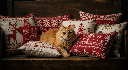Ginger cat relaxing amongst christmas themed pillows on wooden bench