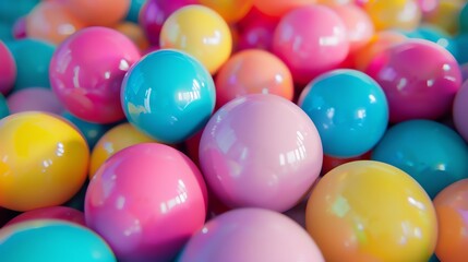3D rendering of a pile of glossy balls. The balls are of different colors, including red, blue, green, yellow, and pink.
