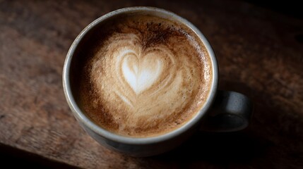 Latte with heart shaped art on a wooden table