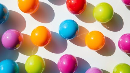 Colorful balls of various sizes are scattered on a white surface.