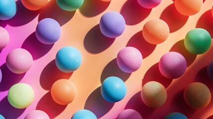 Colorful balls of different sizes are scattered on a pink and orange background. The balls are in pastel colors and have a rough texture.