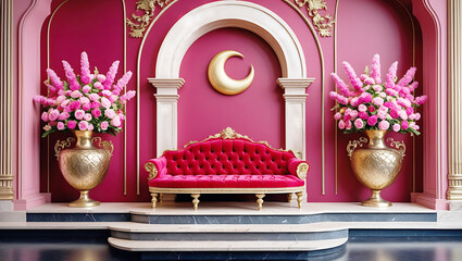 Pink Velvet Sofa Gold Urns Pink Flowers Crimson Room Gold Crescent Moon