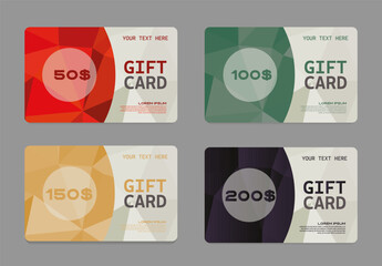 Vector gift card set with circular polygon shapes in red green yellow and purple tones. Editable modern design for discounts rewards or business promotions with customizable text