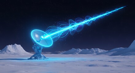 Futuristic radio telescope emitting blue energy beam in a snowy landscape