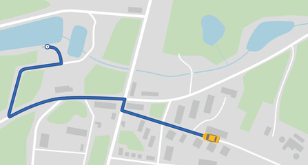 City map navigation on car navigator with route and destination point, yellow car. Top view, view from above on taxi route. Simple realistic map design with small town, forest, river and lakes.