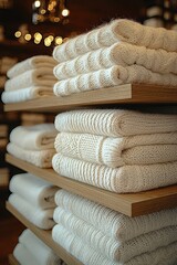 Stacked white knitted sweaters on wooden shelves