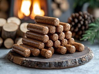 Stacked wood pellets on a wooden board near a fireplace