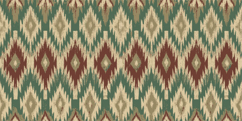 Vibrant ikat pattern featuring earthy tones and geometric designs.