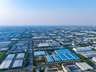 Aerial view of urban scenery in the suburbs, neatly planned factory parks, Qingpu central district, Shanghai.