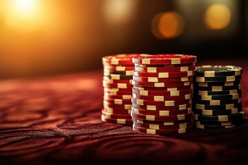 Stacks of casino chips in focus, blurred background
