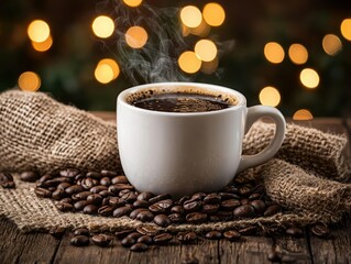 Steam rising from a white coffee cup on a wooden table, surrounded by coffee beans and burlap