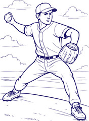 Baseball pitcher throwing ball in line art style illustration