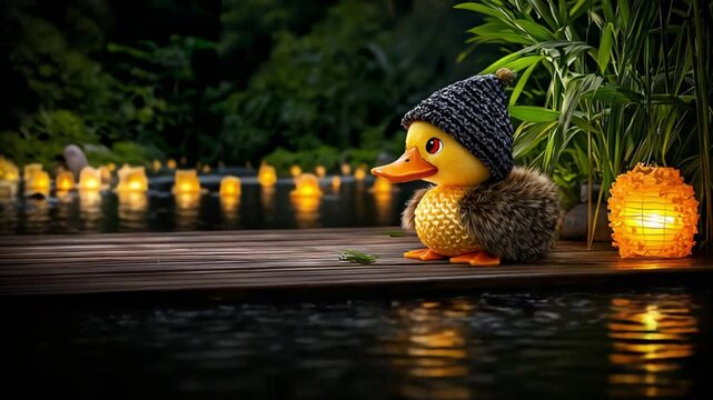 Charming cartoon duck wearing a knitted hat sits by a serene pond adorned with glowing lanterns