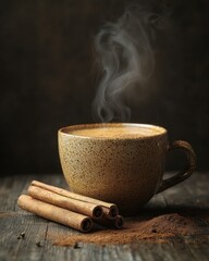 Steaming coffee cup with cinnamon and cocoa