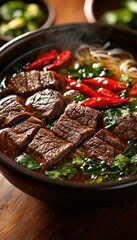 Steaming beef noodle soup in a dark bowl