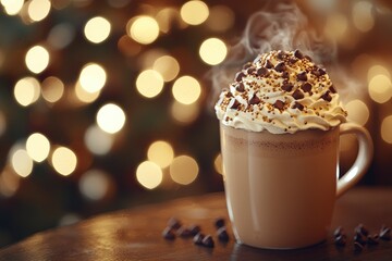 Steaming hot chocolate with whipped cream and sprinkles