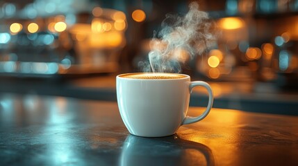 Steaming coffee cup on a bar counter