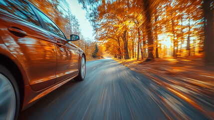car on the road in the autumn forest. speed motion blur effect