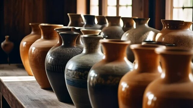 Handmade ceramic vases and pottery displayed on a wooden surface in a rustic, earthy toned collection of various designs.