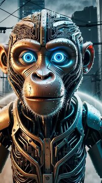 Robotic chimpanzee with circuit board design on its head and glowing blue eyes. Artificial intelligence and digital cybernetic future. Computer animation. vertical video