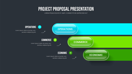 Professional Planning Slide Template Vector Illustration. Modern Overview Three Option Infographic Presentation Design. Product Review 3 Step Diagram Frame Layout.