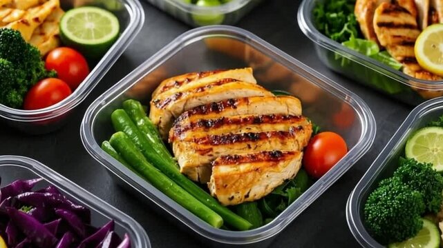 Healthy meal prep containers with grilled chicken and diverse fresh food options in convenient takeaway boxes for nutritious on-the-go meals video download