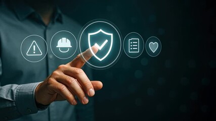 Male hand tapping glowing icons showing work safety, compliance, and risk assessment concept in digital space, promoting workplace protection and responsibility