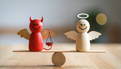 Devil and angel figures balanced on a scale, symbolizing the struggle between good and evil