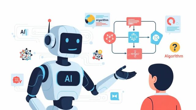 An AI robot explains a complex algorithm flowchart to a person, corporate Memphis and flat design.
