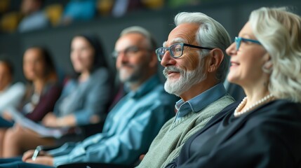 Confident senior business people listening to a presentation during a seminar or conference.