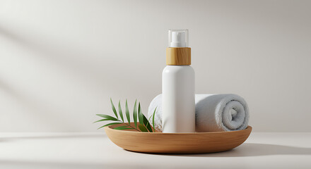 Minimalist spa still life white bottle rolled towel wooden tray, spa, wellness, skincare, minimalist, product, white bottle, lotion, serum, rolled towel, bamboo, wooden, tray, clean, natural, cosmetic