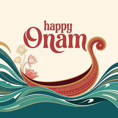 Happy Onam Decorative Snake Boat Illustration with Floral and Wave Motifs