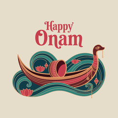Happy Onam Decorative Snake Boat Illustration with Floral and Wave Motifs