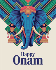 Happy Onam Greeting with Decorated Elephant and Traditional Indian Patterns
