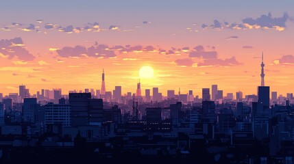Fototapeta premium Silhouette cityscape at sunrise, vivid colors, artistic depiction.