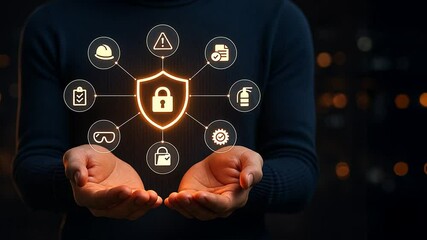 Man holding glowing icons of work safety and compliance against bokeh background, showing concept of digital risk assessment and workplace security