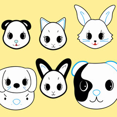 Cute Cartoon Animal Faces: Panda, Cat, Bunny, Dog